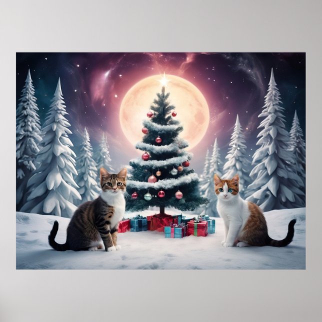 Snö täckt Julgran med katter Poster (Framsidan)