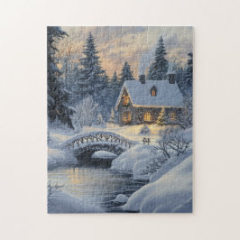 Snö-täckt stuga vid Bäck Pussel