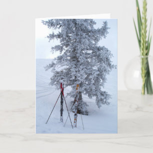 Snö-täckt Träd och Skis Helgkort