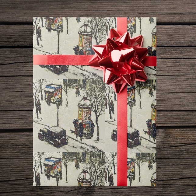 Snö täckte 1920 City Street Cars Winter Birthday Presentpapper (Winter Street scene in 1920's era town on white gift wrapping paper roll.)
