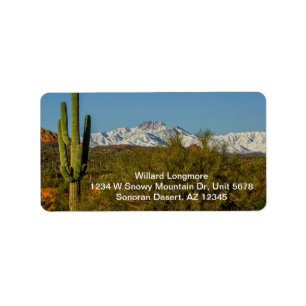Snö täckte bergen Saguaro Cactus Arizona USA Adressetikett