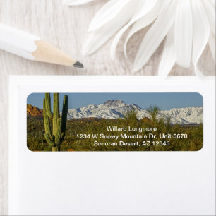 Snö täckte bergen Saguaro Cactus Arizona USA Returadress Etikett