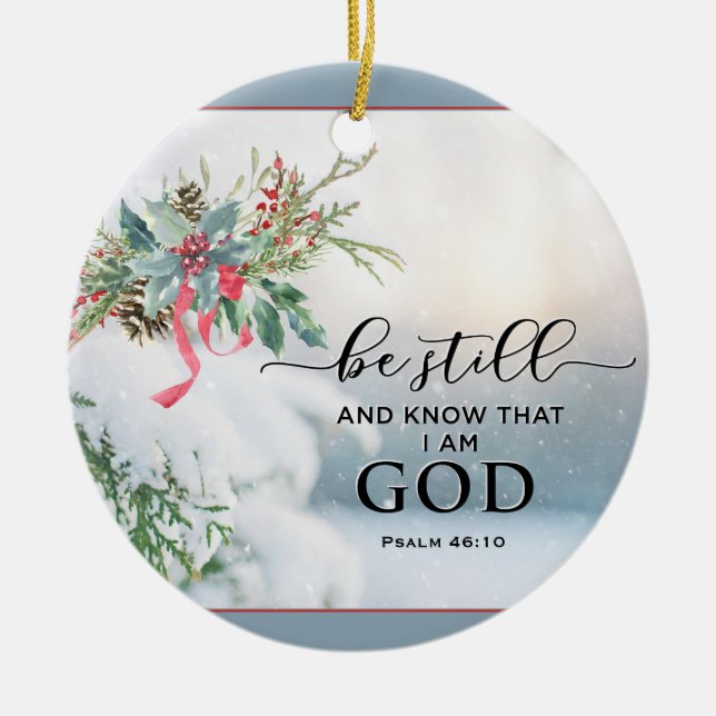 Snö täckte Evergreen Psalm 46:10 Bibeljul Julgransprydnad Keramik (Framsidan)