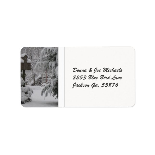 Snö täckte fågelhus adressetikett (Framsidan)