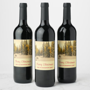Snö täckte Gräs Träd-skogshuggen Fotojul i Vinflaska Etikett