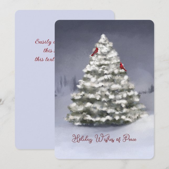 Snö täckte Gräs Träd två kardinaljulen (Fram/baksida)