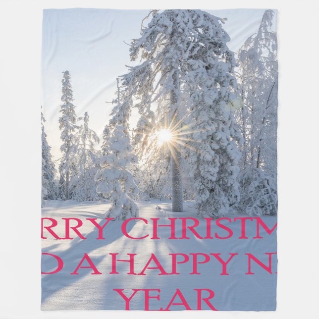 SNÖ, TRÄD, SOL, REDOT FÖR CHRISTMAS FLEECEFILT (Framsidan)