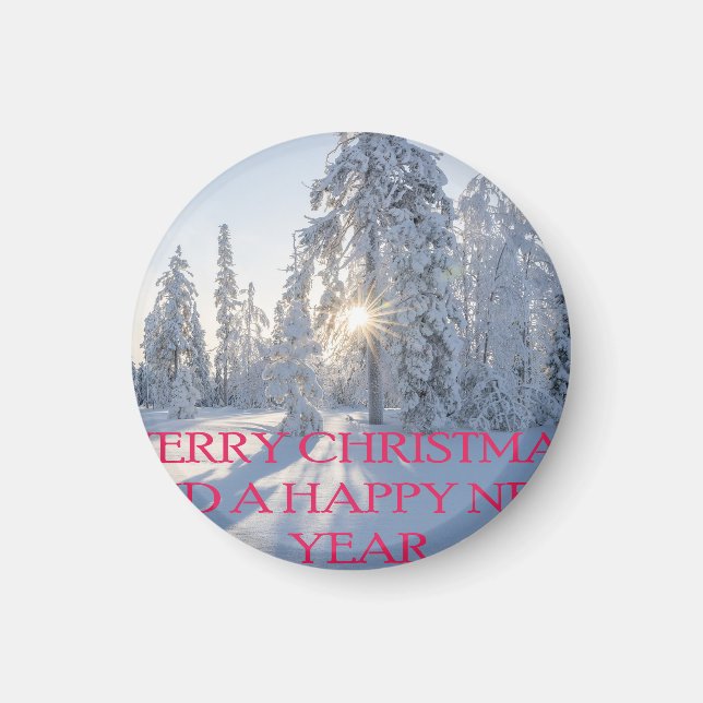 SNÖ, TRÄD, SOL, REDOT FÖR CHRISTMAS MAGNET (Framsidan)
