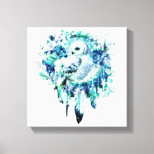Snö Uggla Dreamcatcher Grönt och Teal Blue Blommig Canvastryck