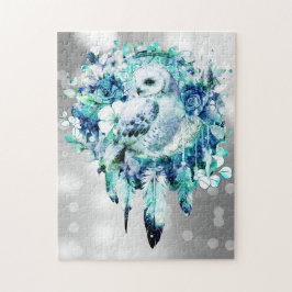 Snö Uggla Dreamcatcher Grönt och Teal Blue Blommig Pussel