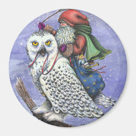 Snö Uggla och Santa CHRISTMAS MAGNET Fantasy