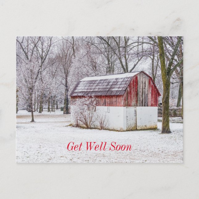 Snö vid den röda ladan Snart frisk postkort Vykort (Framsida)
