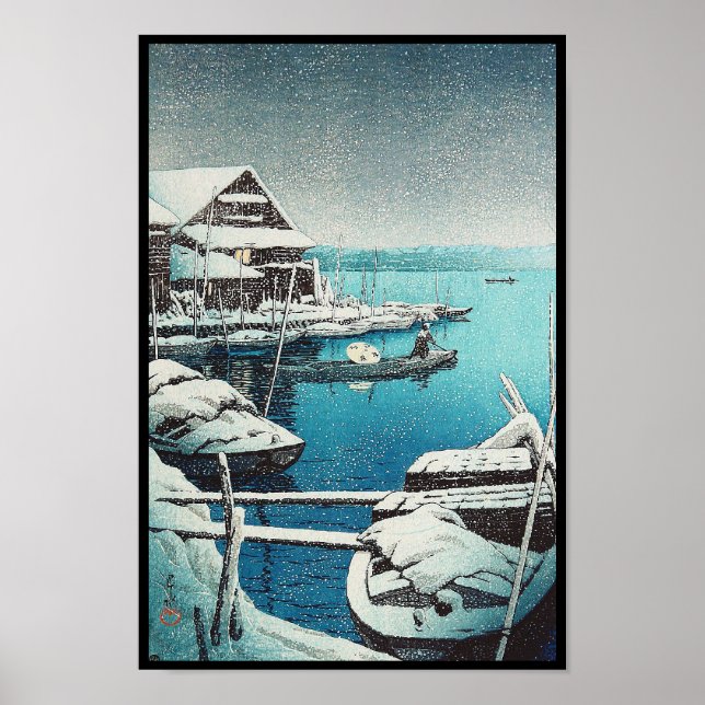 Snö vid Mukôjima Hasui Kawase shin hanga art Poster (Framsidan)