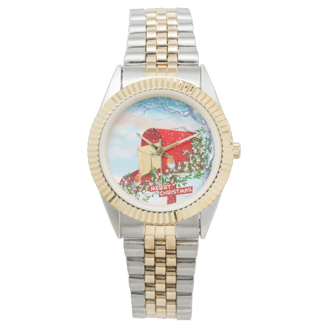 Snö Vinterjullfåglar och rödbox Manar Armbandsur (Framsida)