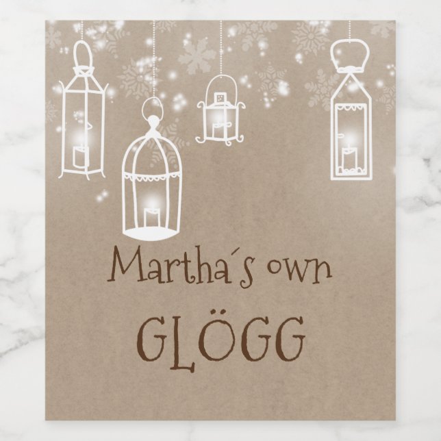 Snö, vita lyktor vinflaska etikett (Singel etikett)