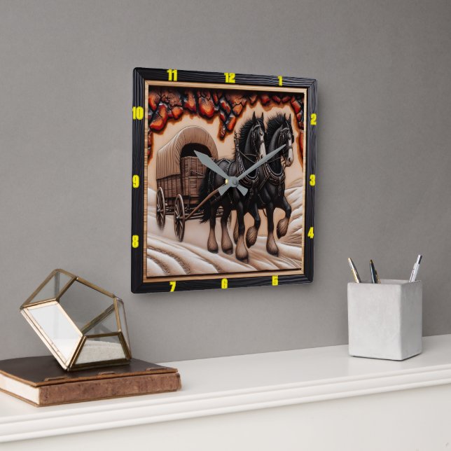 Snö Wagon: Personlig Charred Wood Clydesdale Fyrkantig Klocka (Kontor)