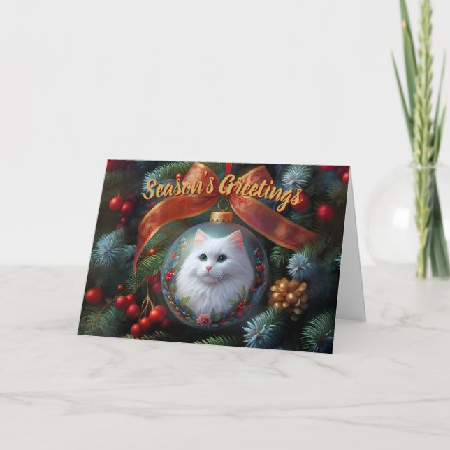 Snö White Cat på julkort för prydnadsföremål Helgkort (Framsida)