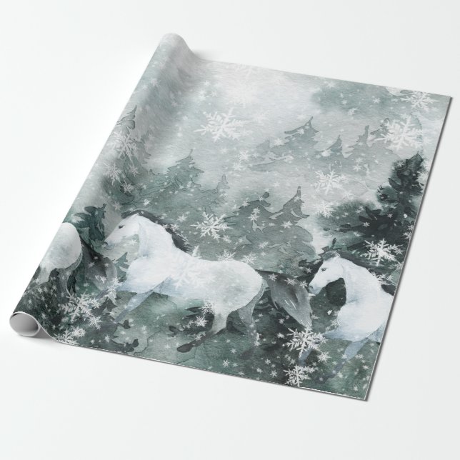 Snö White Horses Winter Woodland Mountain Forest Presentpapper (Utrullad)
