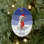 Snö White Labrador Retriever Santa Hat & Scarf Julgransprydnad Keramik<br><div class="desc">En vit Labrador Retriever-Hund med julklapp och halsduk.</div>