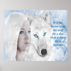 Snö White Varg Dam Blue Ögon Poster