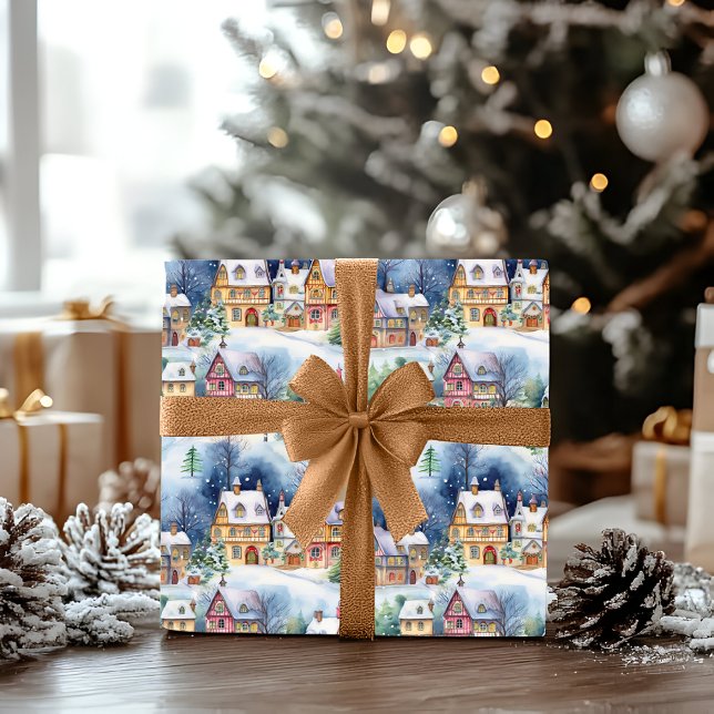 Snö Winter Bavarian Village jul Helgdag Presentpapper (Snowy Winter Wonderland Bavarian Village Landscape Christmas Holiday Multi-Colored Wrapping Paper)