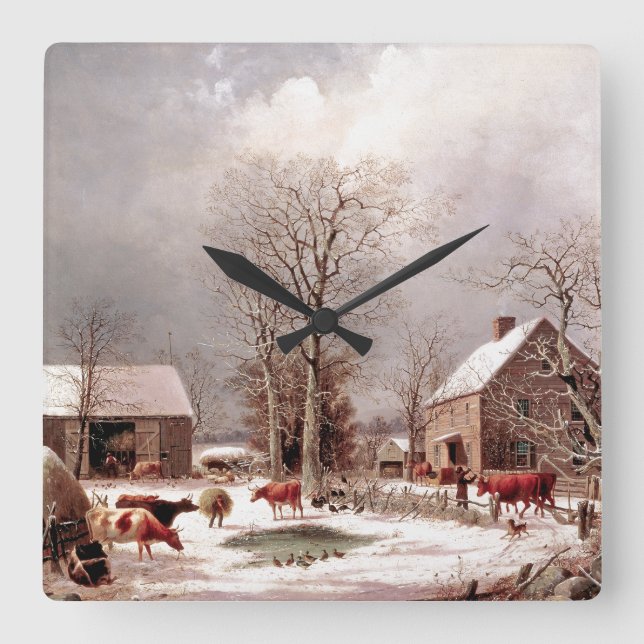 Snö Winter Farm Cows Anka Turkey Wall Clock Fyrkantig Klocka (Framsida)