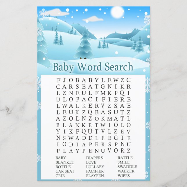Snö Winter Forest Baby Shower Ord Search Game (Framsida)