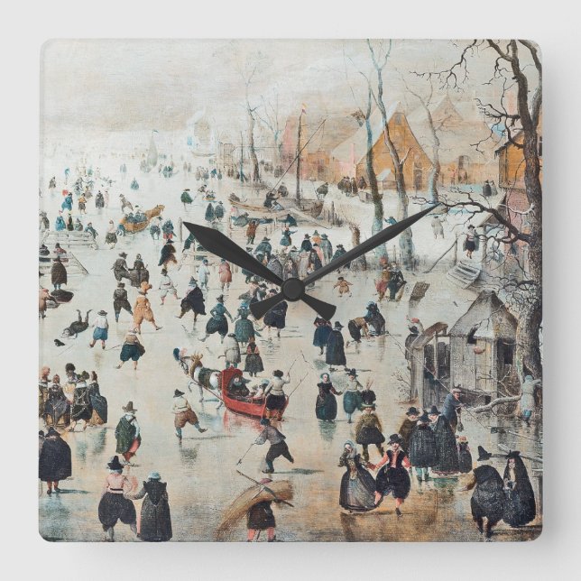 Snö Winter Holland Ice Skating 1600 Wall Clock Fyrkantig Klocka (Framsida)