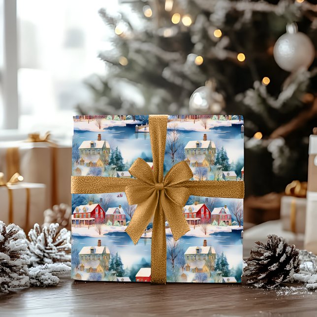 Snö Winter New England Village jul Helgdag Presentpapper (Snowy Winter Wonderland New England Village Landscape Christmas Holiday Ice Skating Wrapping Paper)