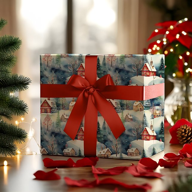 Snö Winter Swiss Village jul Helgdag Presentpapper (Snowy Winter Wonderland Swiss Village Landscape Christmas Holiday Multi-Colored Hygge Wrapping Paper)