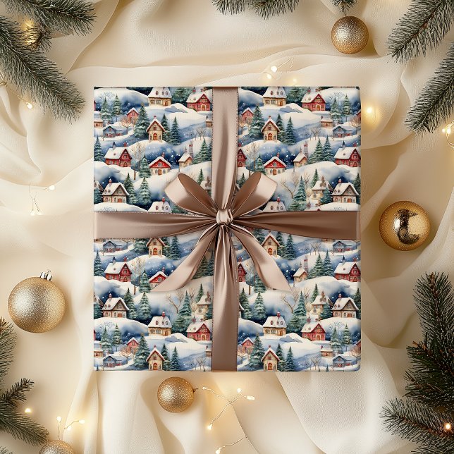 Snö Winter Swiss Village jul Helgdag Presentpapper (Snowy Winter Wonderland Swiss Village Landscape Christmas Holiday Hygge Wrapping Paper)