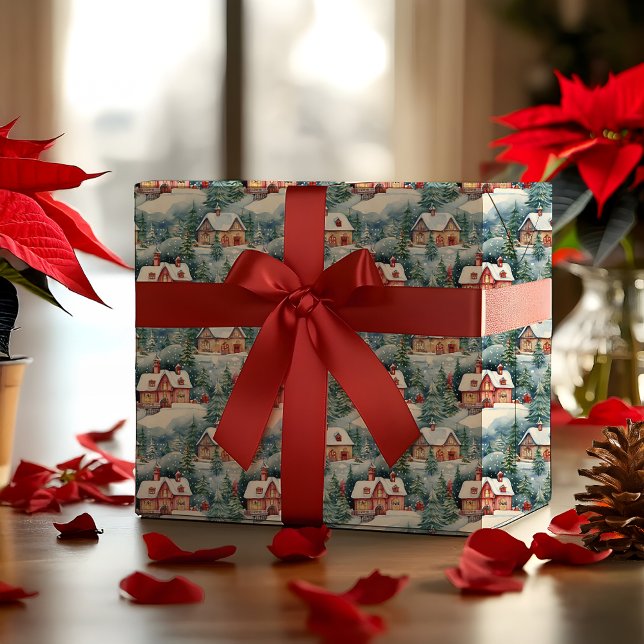 Snö Winter Swiss Village jul Helgdag Presentpapper (Snowy Winter Wonderland Swiss Village Landscape Christmas Holiday Multi-Colored Wrapping Paper)