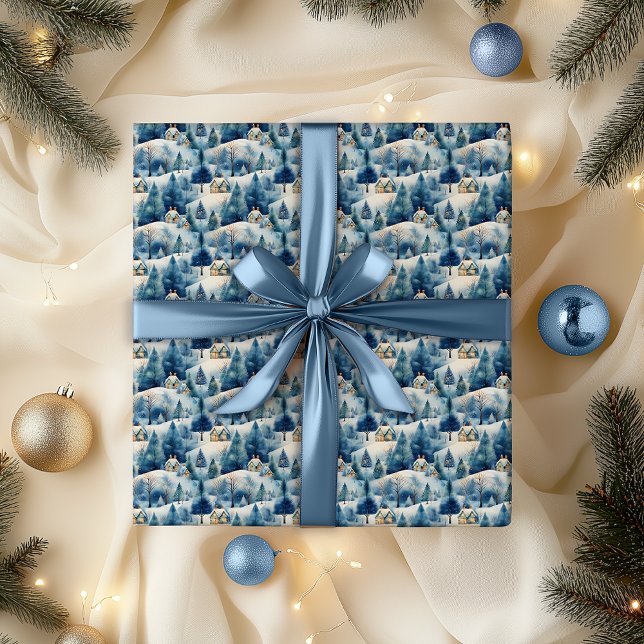 Snö Winter Wonderland Landskap Jul Helgdag Presentpapper (Snowy Winter Wonderland Alpine Village Landscape Christmas Holiday Blue Wrapping Paper)