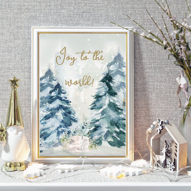 Snö Winter Wonderland Woodland Animal Poster (Winter Wonderland "Joy to the world" Woodland animal surrounded by Christmas Trees.)