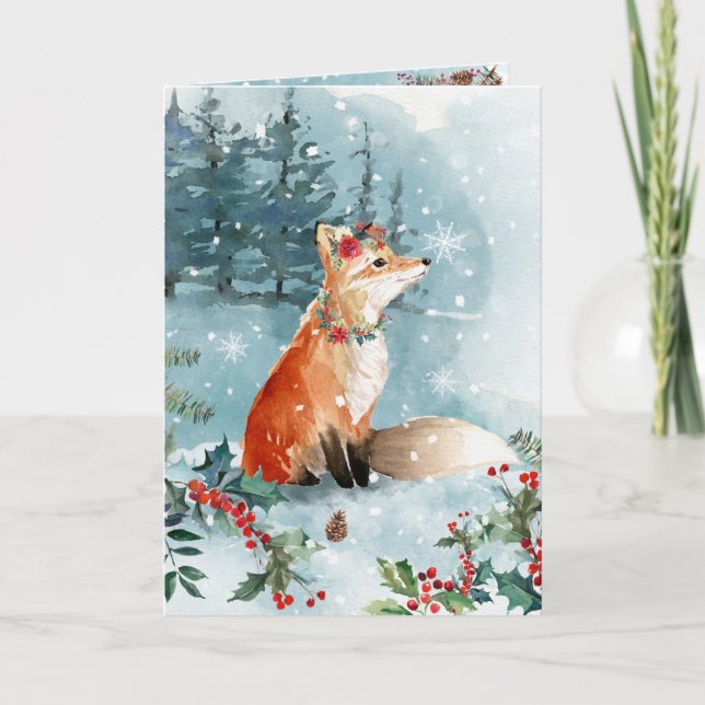 Snö Woodland Foxes Blue Modern Blommigt Helgkort (Framsida)