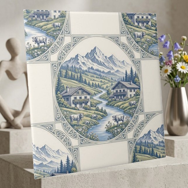 Snöalpin rullande ängar rustik stuga naturskön  kakelplatta (Snow Alpine Rolling Meadows Rustic Chalet Scenic Ceramic Tile)