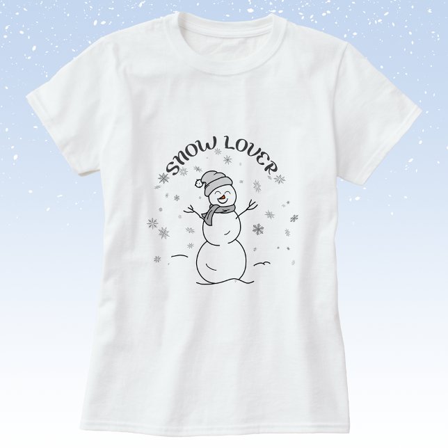 Snöälskande Snemann T-Shirt (White t-shirt with a grayscale illustration of a happy snowman, snowflakes, and SNOW LOVER text.)