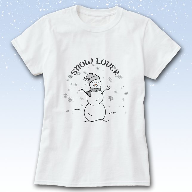 Snöälskande Snömannen T-Shirt (White t-shirt with a grayscale illustration of a happy snowman, snowflakes, and SNOW LOVER text.)