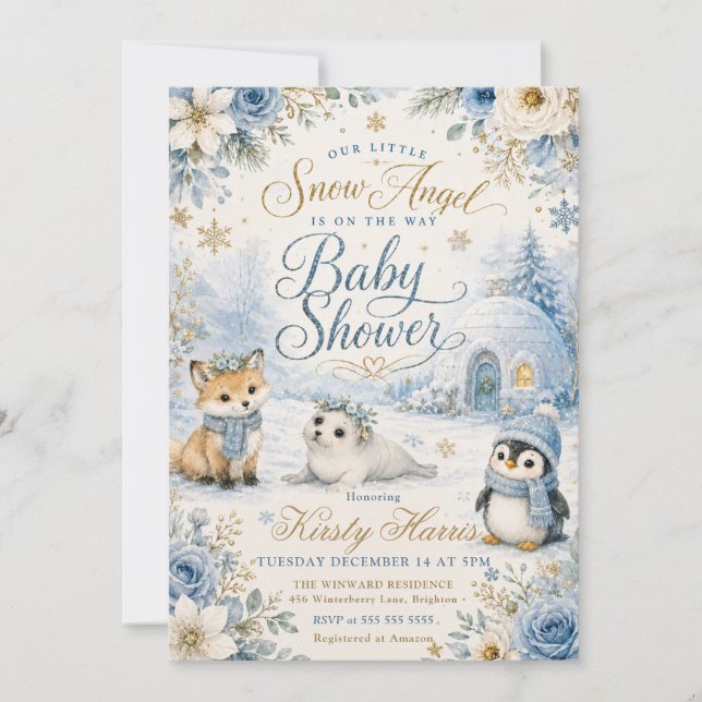 Snöängel baby shower inbjudningar (Framsida)