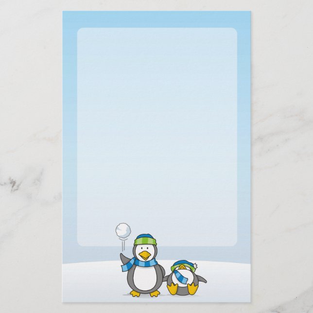 Snöballerande penguiner brevpapper (Framsida)