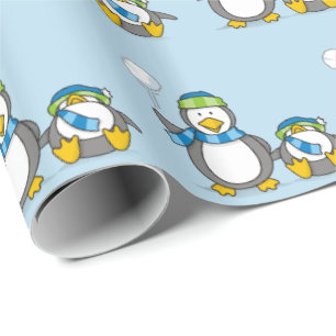 Snöballerande penguiner som omsluter pappra presentpapper