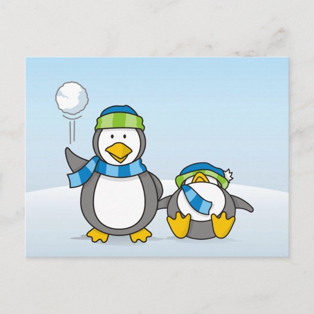 Snöballerande penguiner vykort (Framsida)