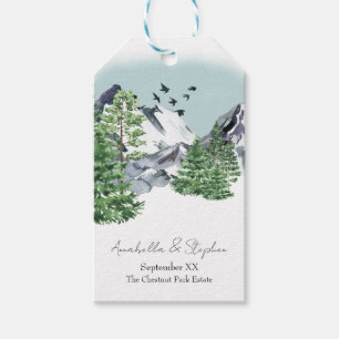 Snöbergslandskap med Gräs-skogen Träd Presentetikett