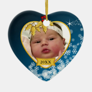 Snöblått och Guld Baby 1: Julfoto Julgransprydnad Keramik
