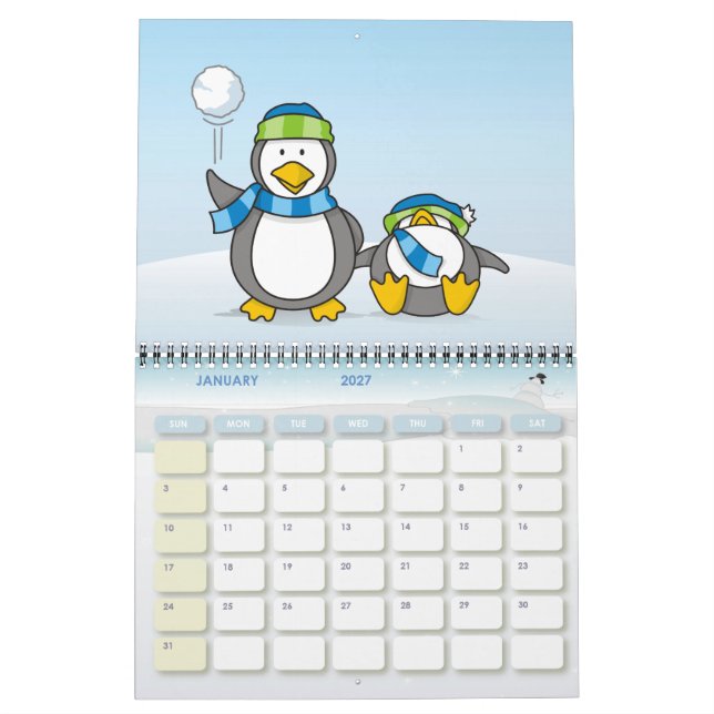 Snöbollslekande pingviner kalender (Jan 2027)