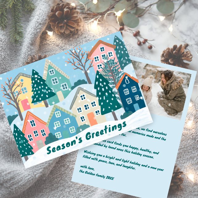 Snöby Illustrations Söt CUSTOM Foto  Julkort (Snowy Winter Village Holiday Christmas CUSTOM Photo Flat Holiday Card
)