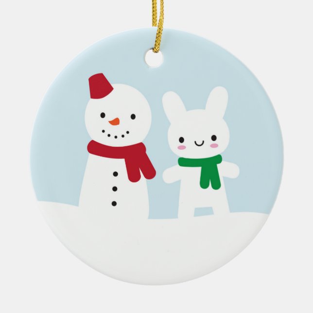 Snödag - kanin & snögubbe julgransprydnad keramik (Framsidan)