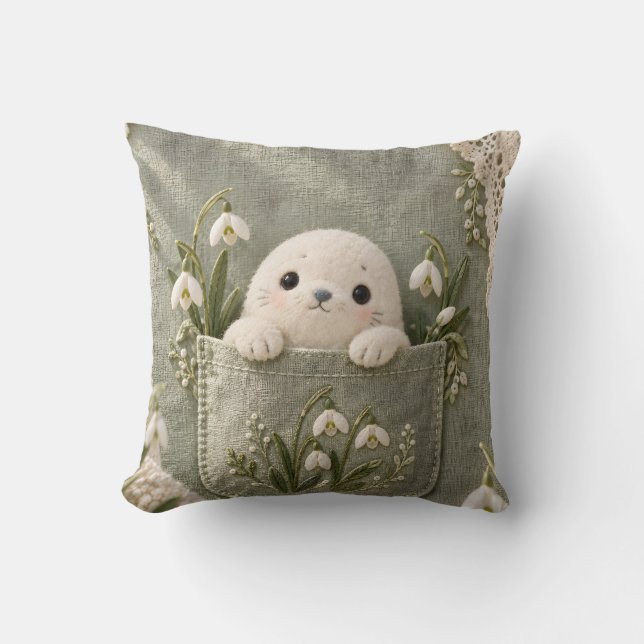 Snödropp Pocket Seal Sage Botanisk Broderi Stil Kudde (Framsida)