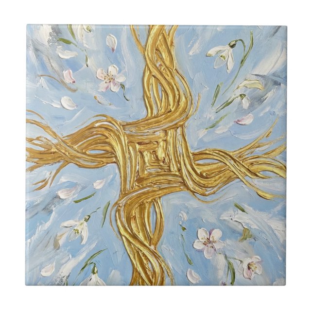 Snödroppar av St Brigid's Cross i guld Imbolc-kons Kakelplatta (Framsidan)
