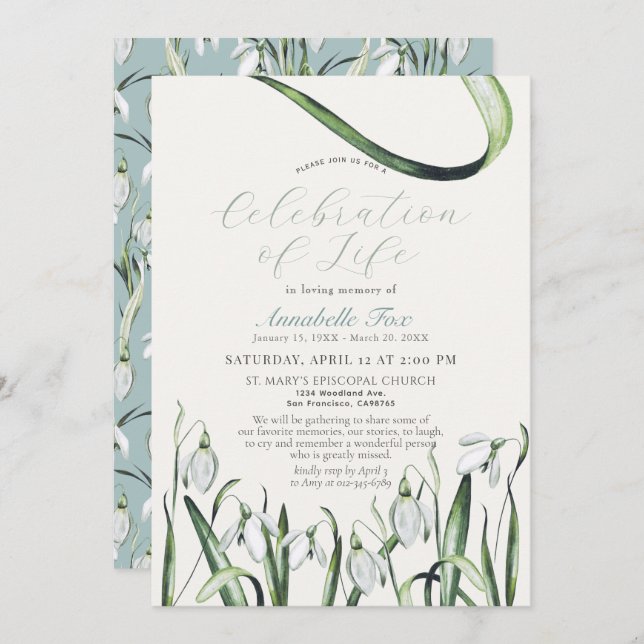 Snödroppar Firande i livets begravningsminnesstund Inbjudningar (Fram/baksida)